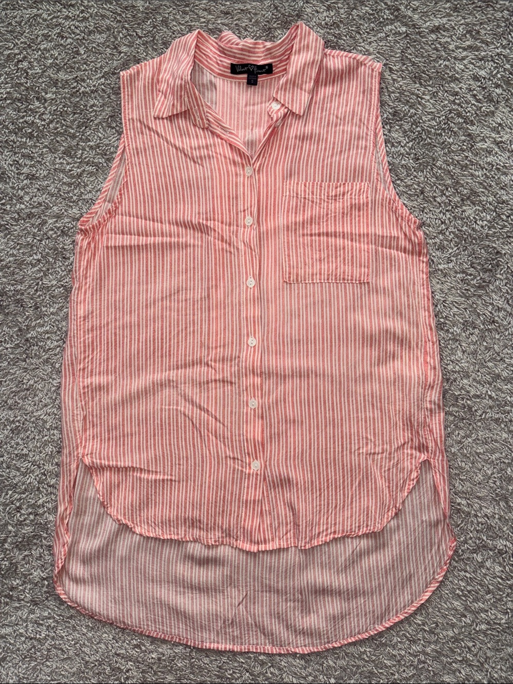 Velvet Heart Coral Pink Striped Sleeveless Button-Down hi-lo Shirt